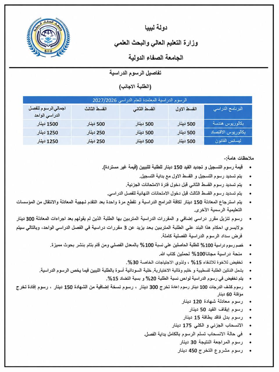 كتاب تفاصيل الرسوم الدراسية للطلبة الأجانب بجامعة الصفاء الدولية للعام الدراسي 2026/2027